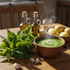 Šviežios dilgėlės ant medinio stalo, paruoštos sveikam pavasario patiekalui gaminti