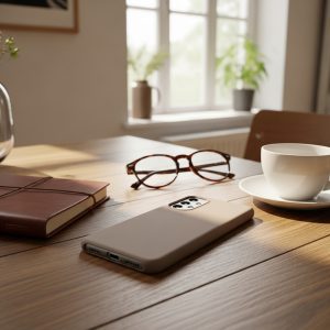 Stilingas telefono dėklas padėtas ant medinio stalo šalia asmeninių aksesuarų.