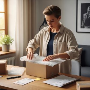 Žmogus kruopščiai pakuoja siuntinį su apsauginėmis medžiagomis ir lipdukais, pasiruošęs išsiųsti.